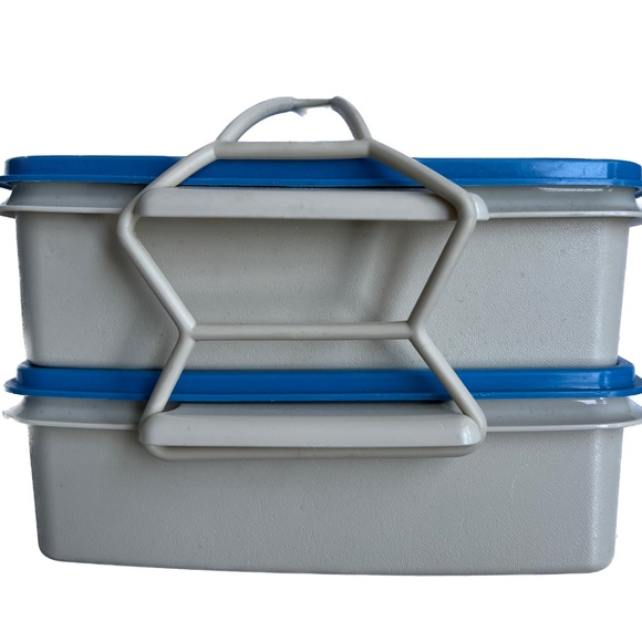 Tupperware Stackable Square Storage Containers Carrier Handle Trays Set 2 Blue - Picture 2 of 11